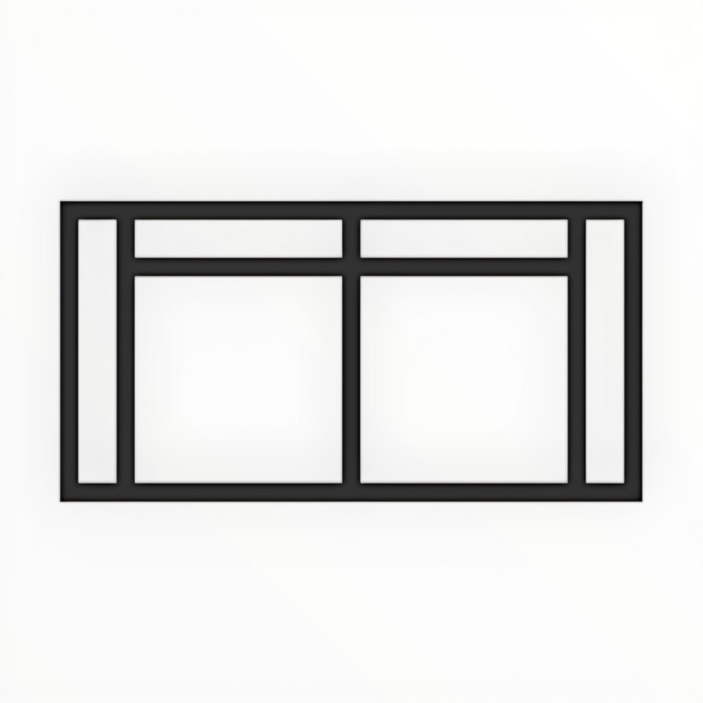 Black-framed window with divided glass panes on a white background