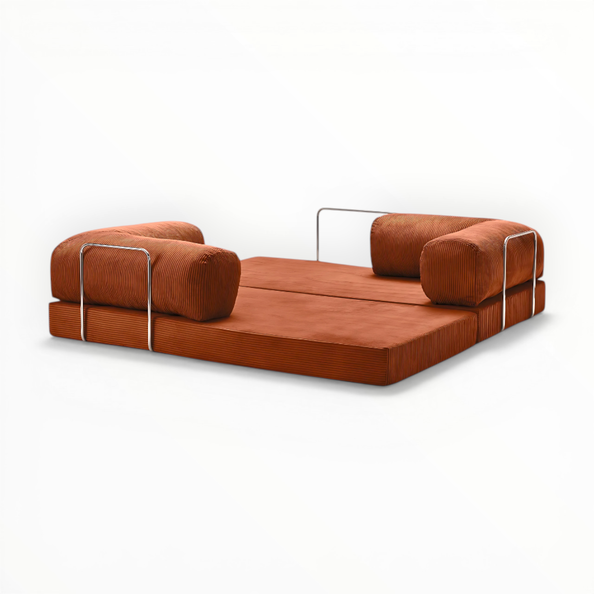 Brown modular sofa with transparent acrylic legs on a white background