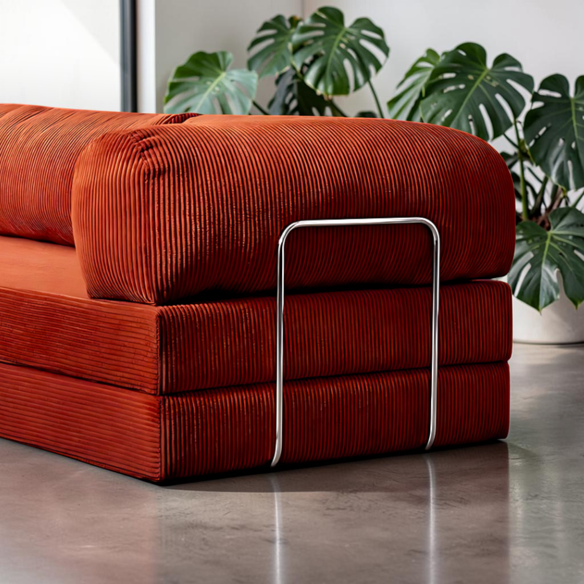 Red upholstered chair with metal frame on a reflective floor with plants in the background