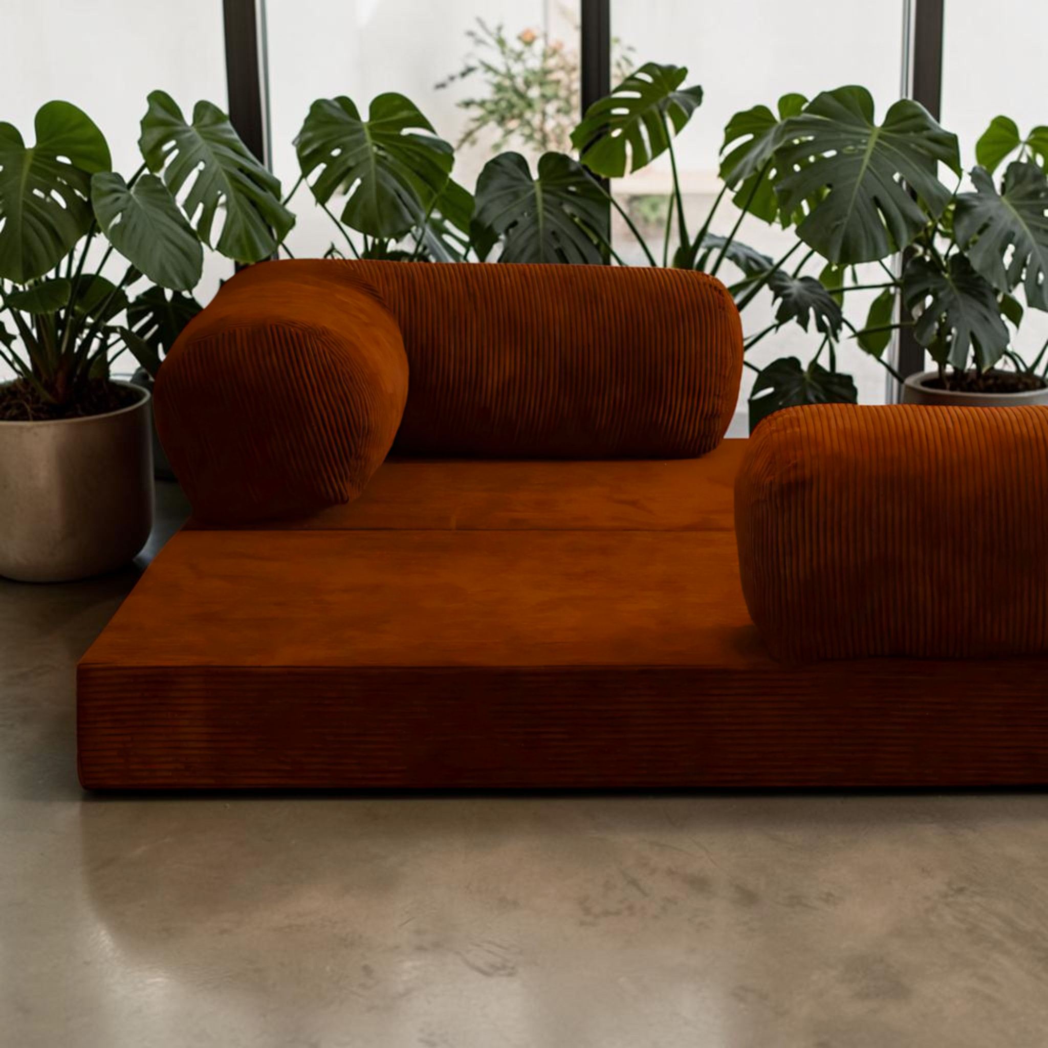 Brown sofa in a room with plants