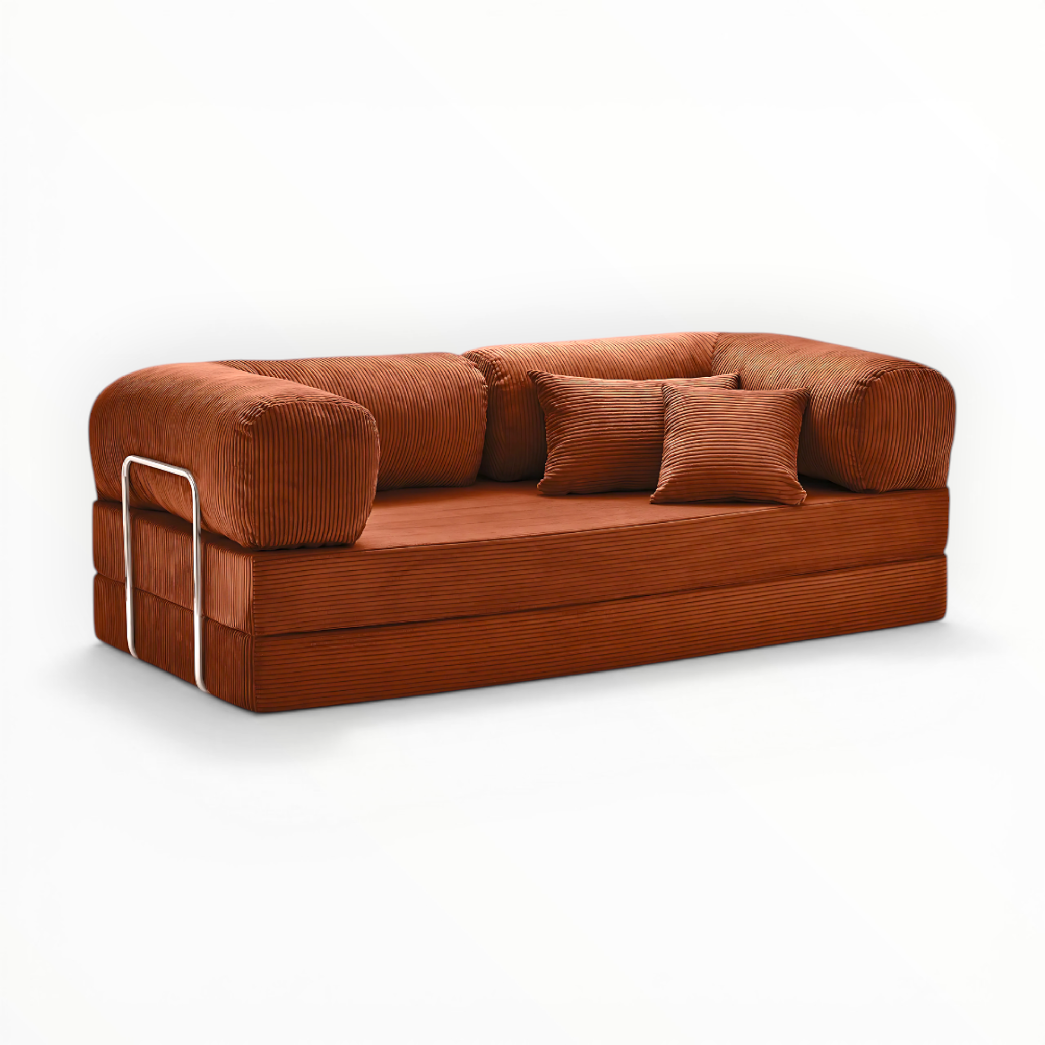 Brown sofa with three cushions on a white background