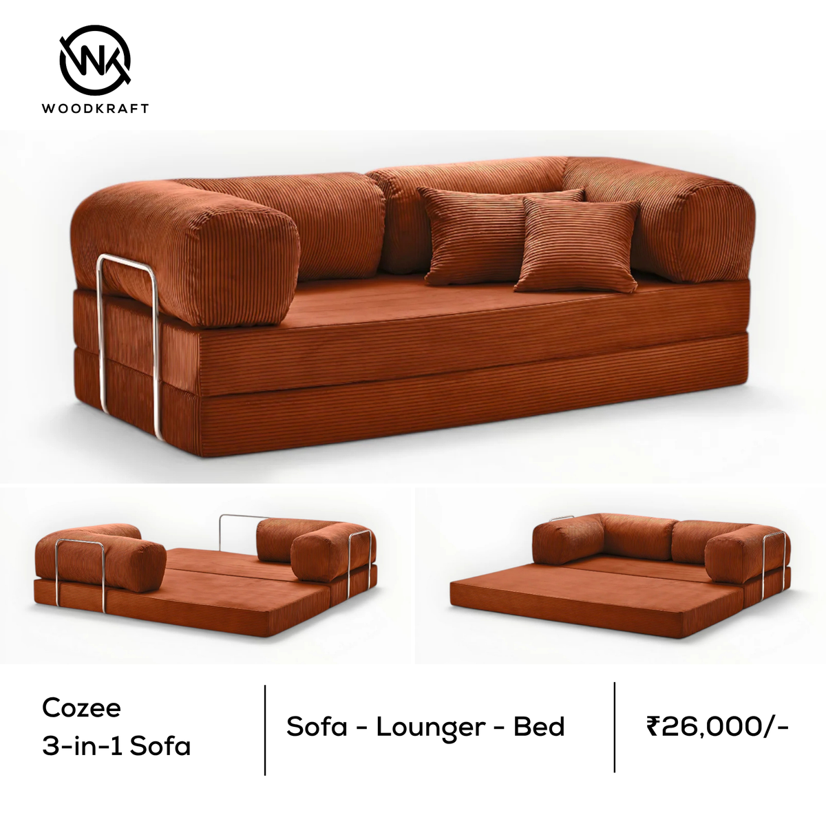 Cozee 3-in-1 Sofa Cum Bed | Sofa, Lounger & Bed | Customisable Fabric