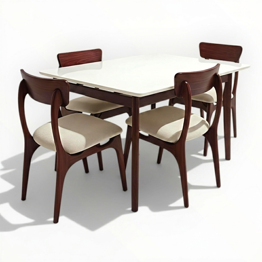 Cresta 4-seater dining set – solid teakwood frame with white marble top and 4 cream upholstered chairs – front angle