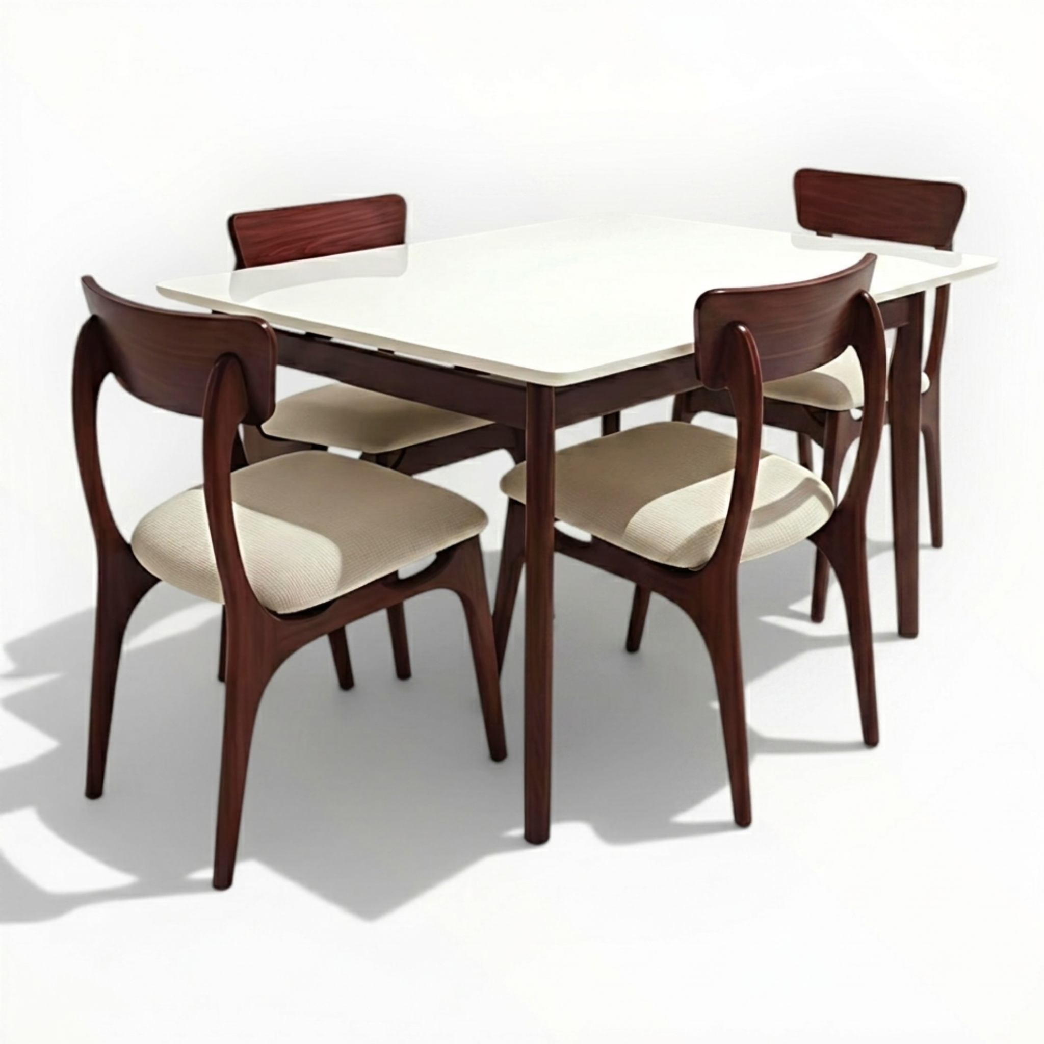 Cresta 4-seater dining set – solid teakwood frame with white marble top and 4 cream upholstered chairs – front angle