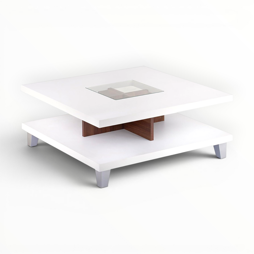 White coffee table with a glass top and wooden shelf on a white background