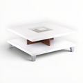 White coffee table with a glass top and wooden shelf on a white background
