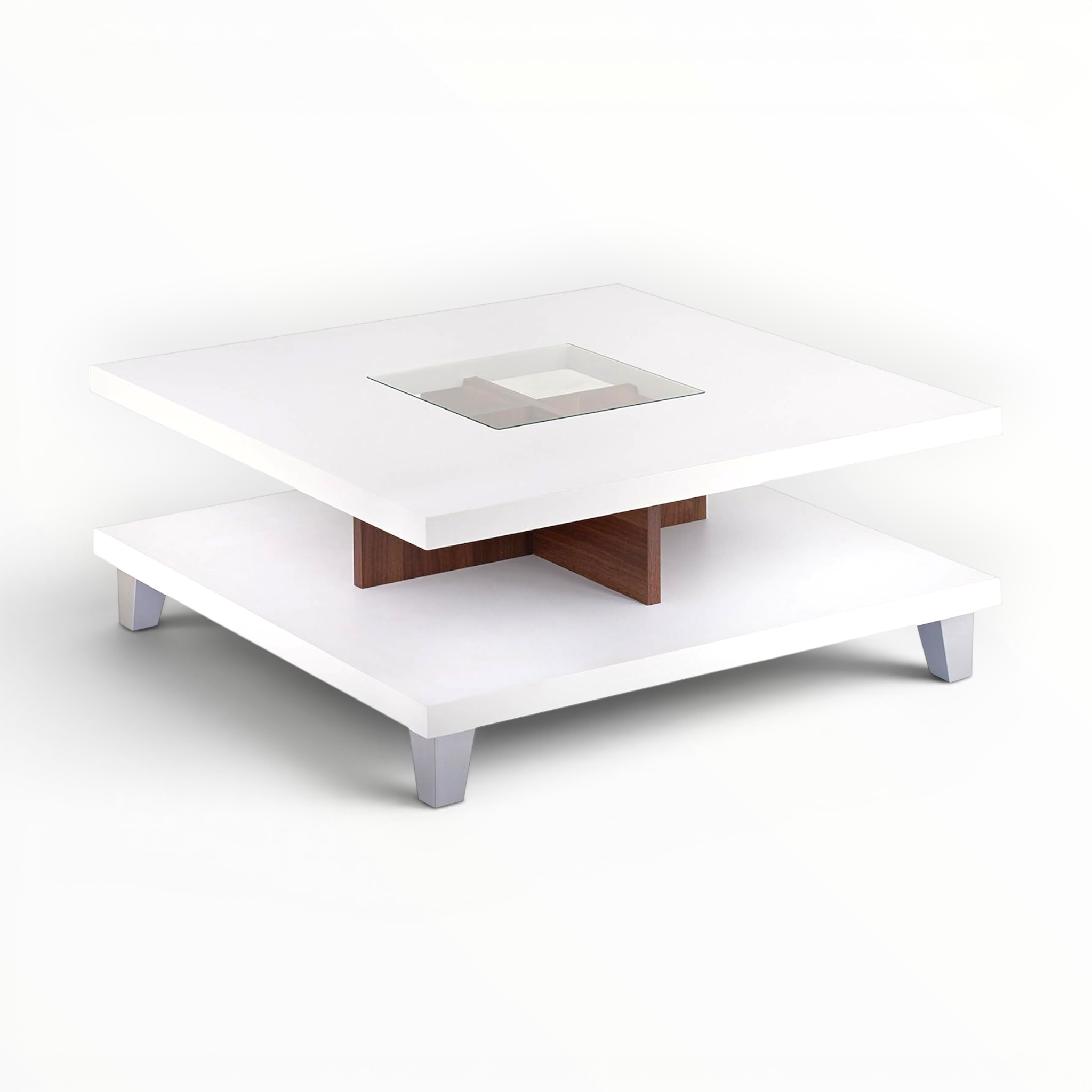 White coffee table with a glass top and wooden shelf on a white background