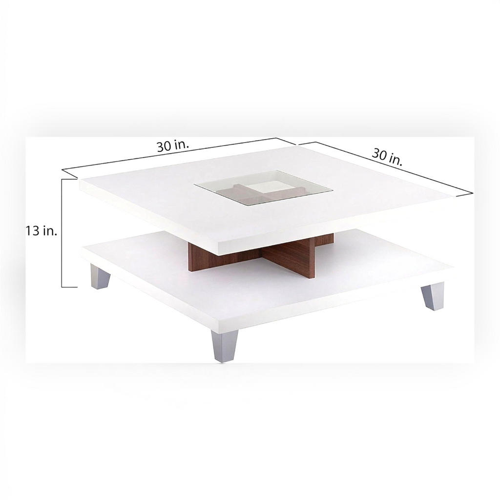 White coffee table with dimensions labeled on a white background