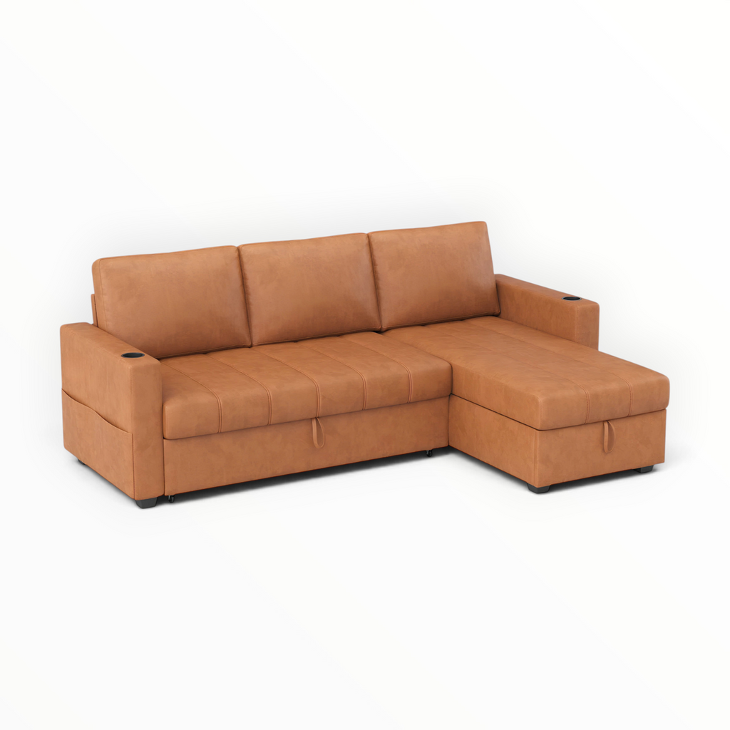 Denver L-shape sofa cum bed angled view – tan leatherette – Woodkraft Studio Hyderabad
