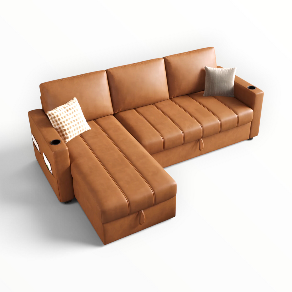 Denver sofa cum bed top view – cup holders and arm pockets – Woodkraft Studio Hyderabad