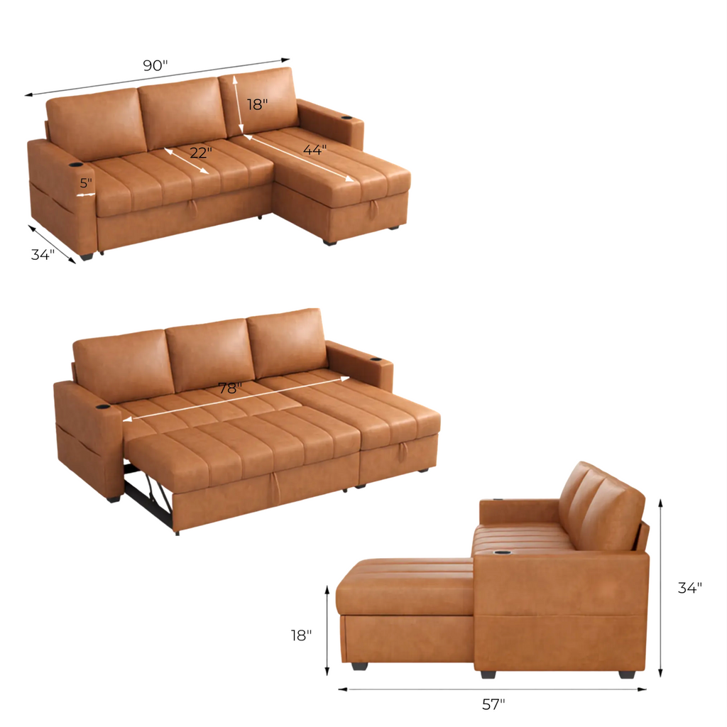 Denver L-shape sofa cum bed dimension guide – 90 inch wide – Woodkraft Studio Hyderabad