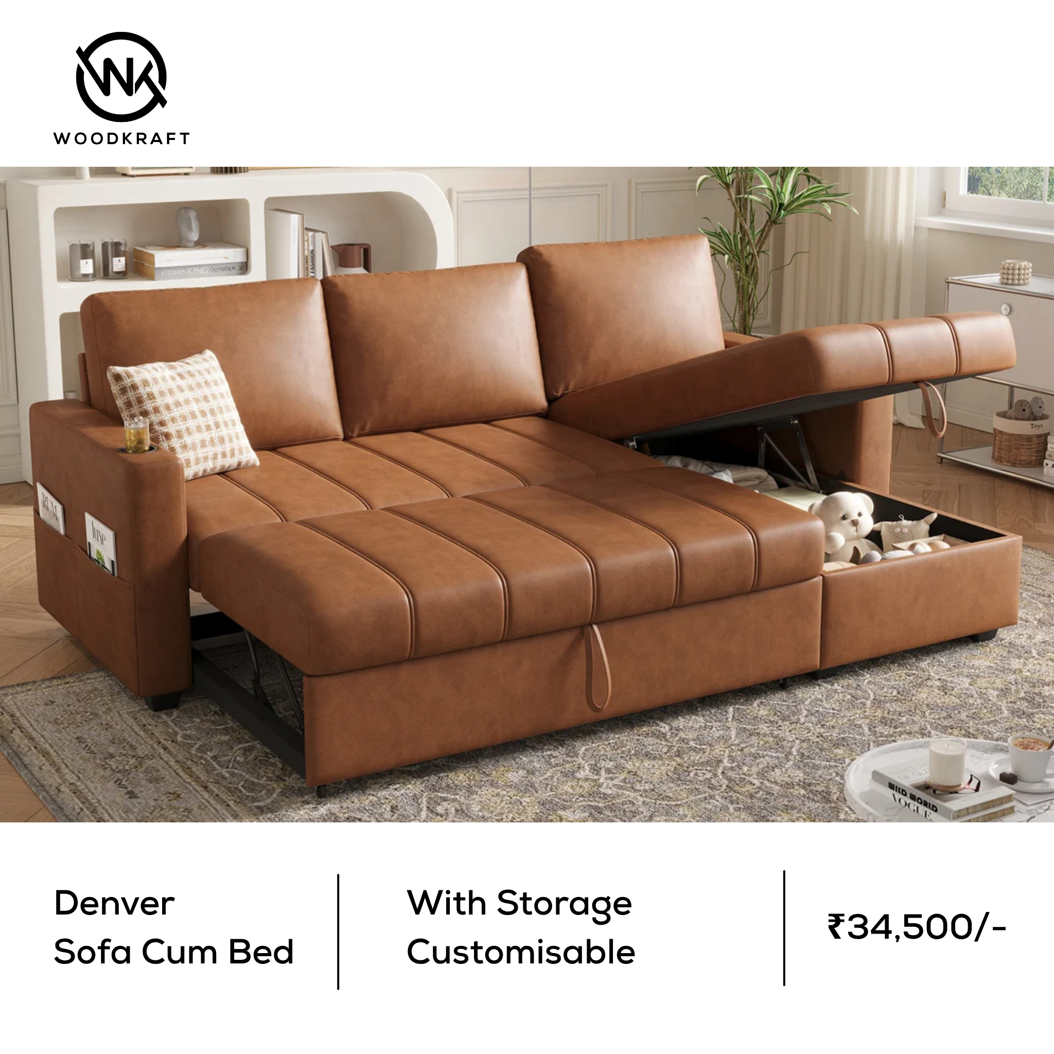 Denver | L-Shape Sofa Cum Bed with Storage & Cup Holders | Customisable