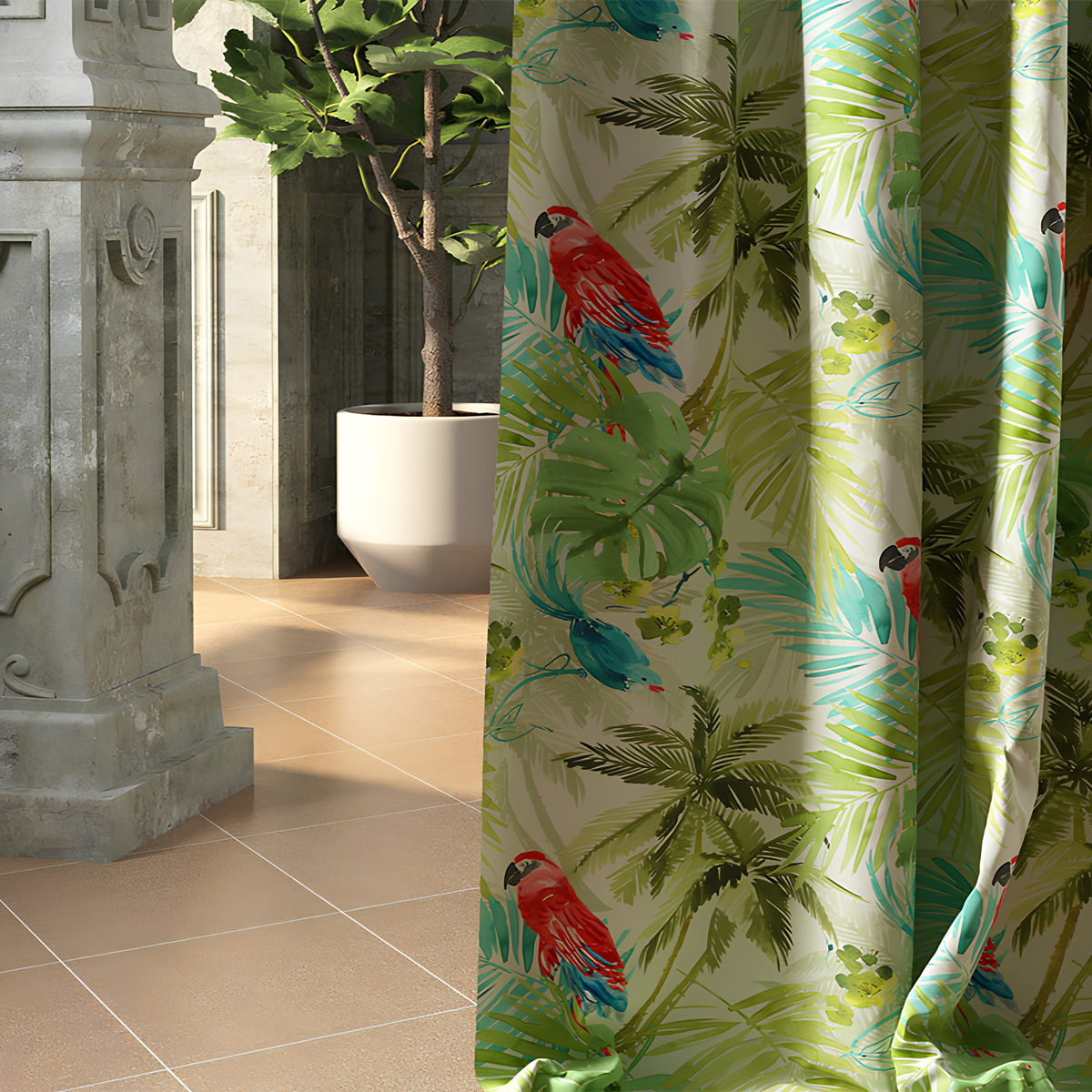 Digitally printed tropical curtain with red macaws, palm fronds and monstera leaves in green and teal, hanging beside a potted tree on a tiled floor