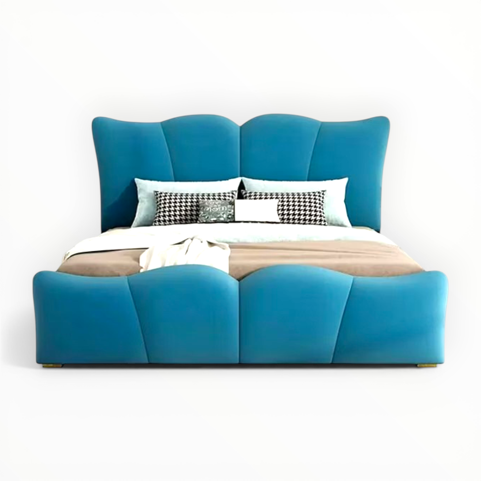 Blue upholstered bed with white bedding and pillows on a white background