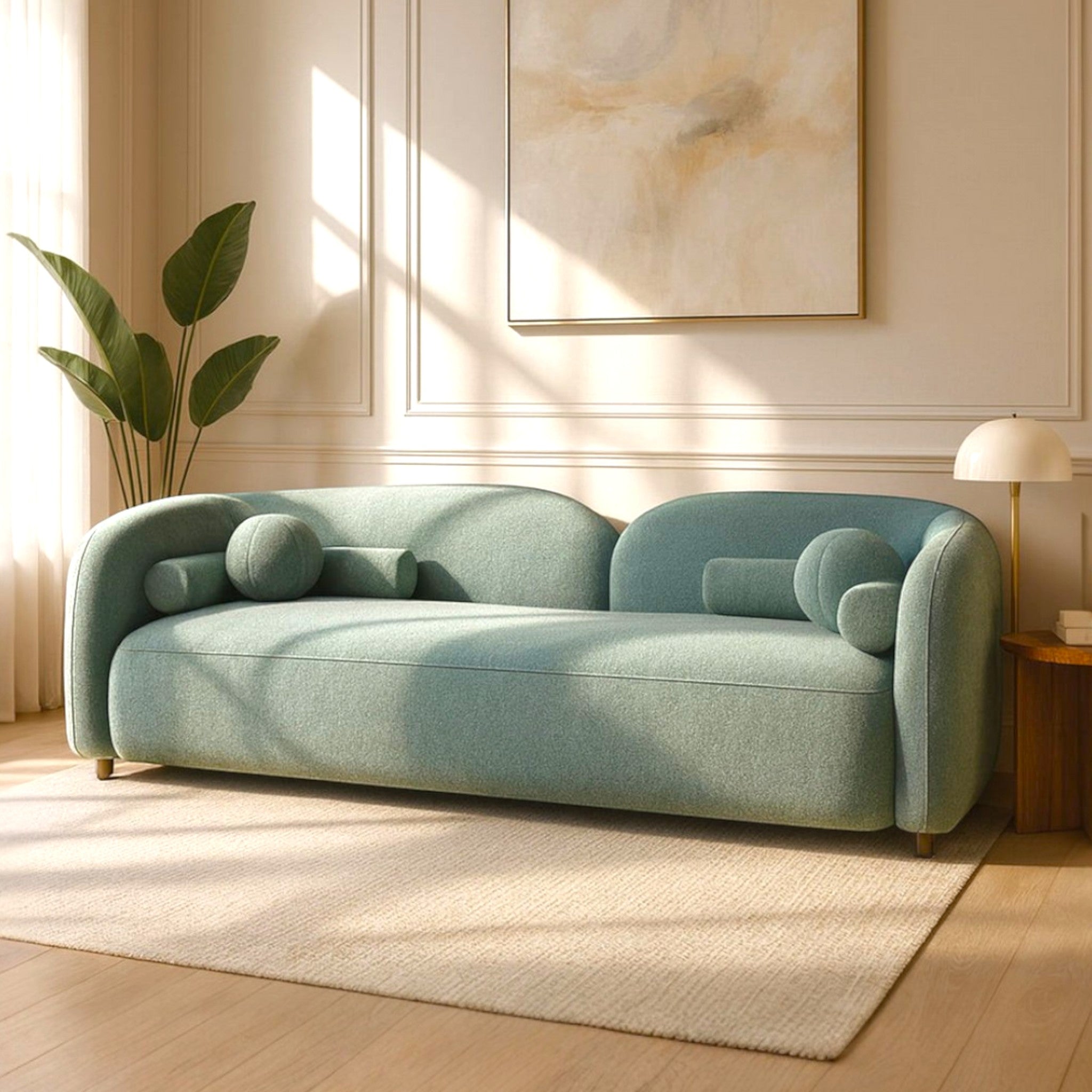 Light blue sofa in a living room with a plant and framed artwork on the wall.