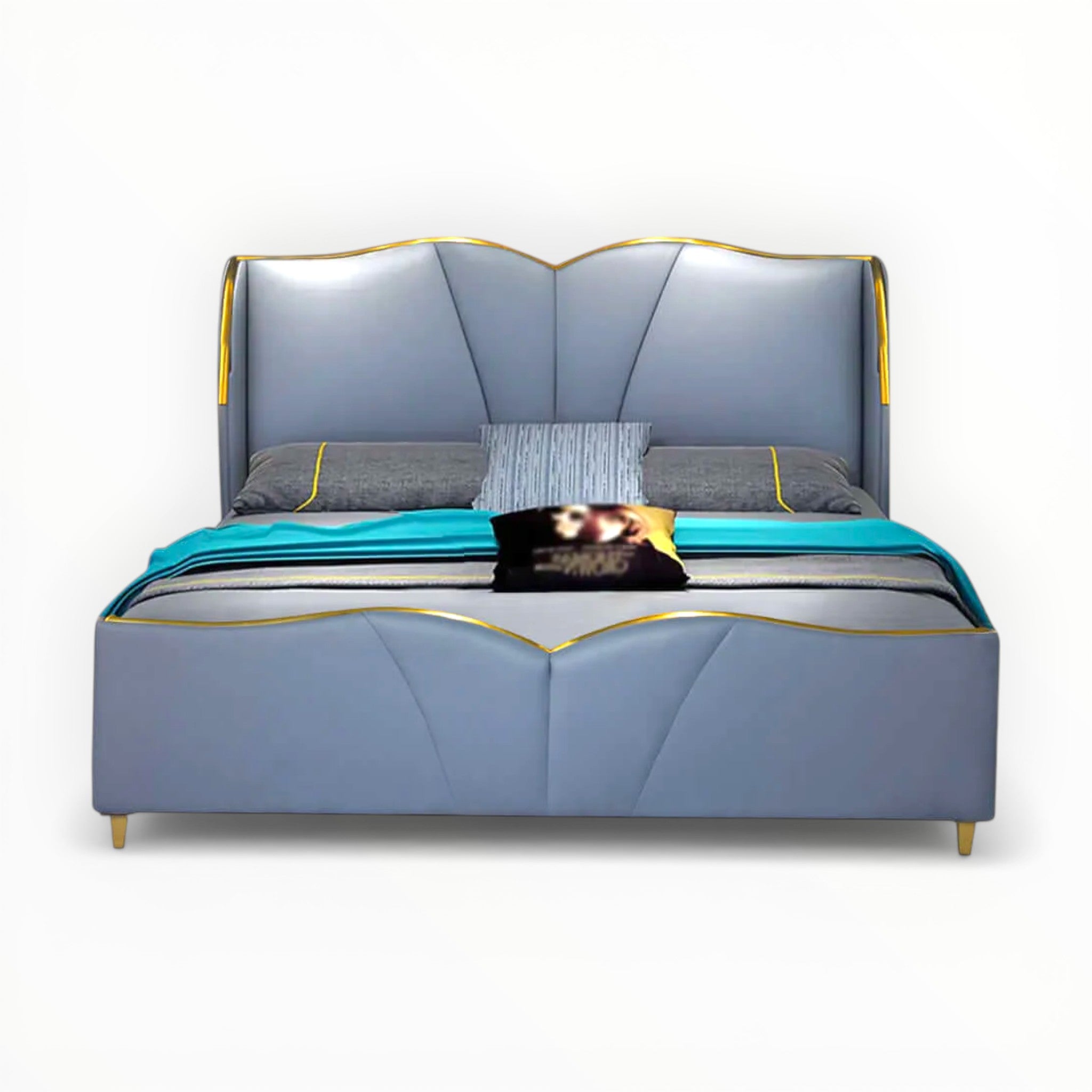 Blue upholstered bed with gold accents on a white background