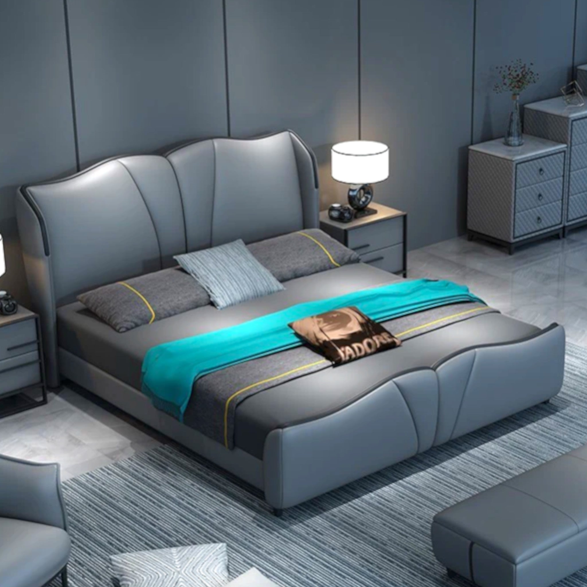 Modern bedroom with a gray upholstered bed and matching furniture.