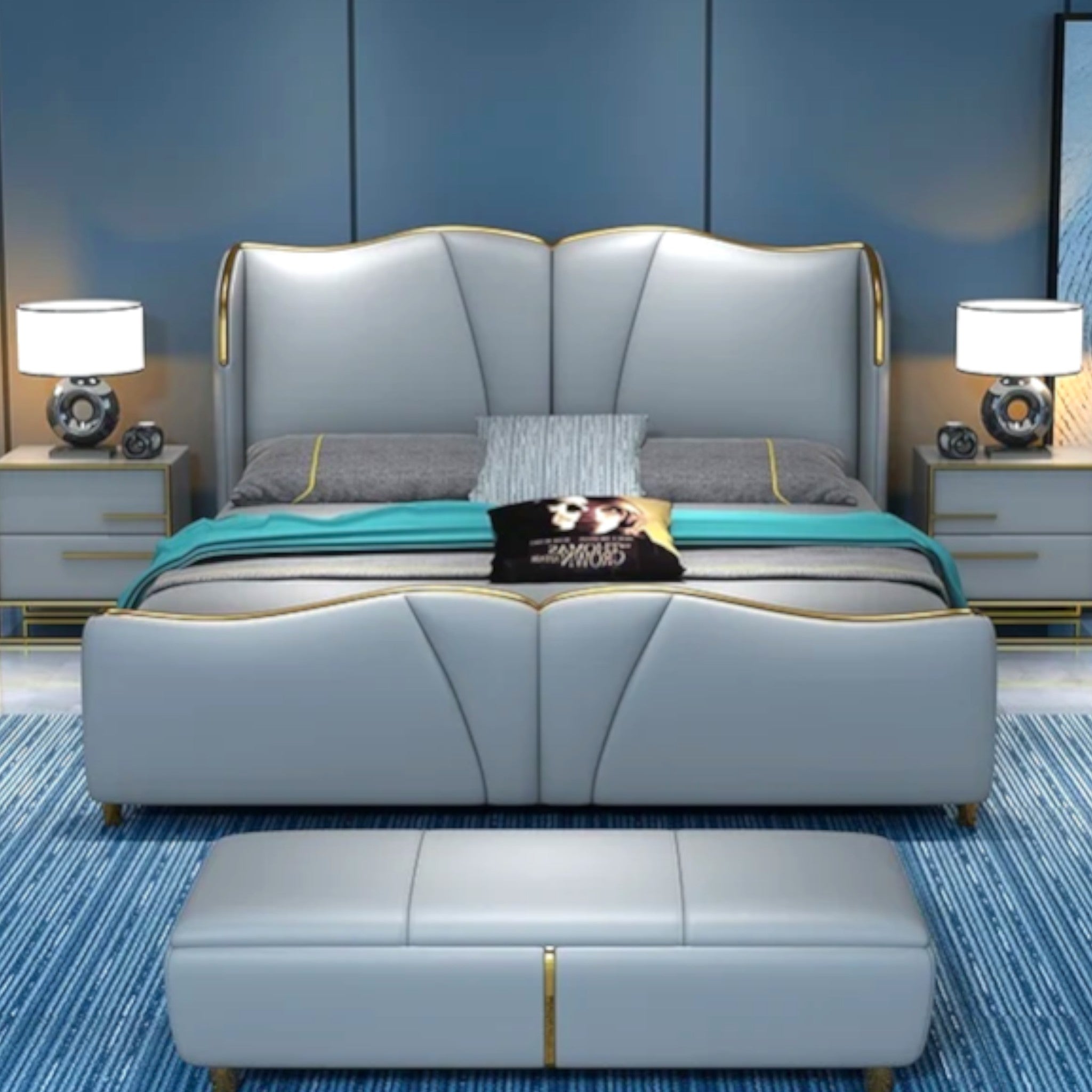 Gray upholstered bed with matching ottoman in a bedroom setting.