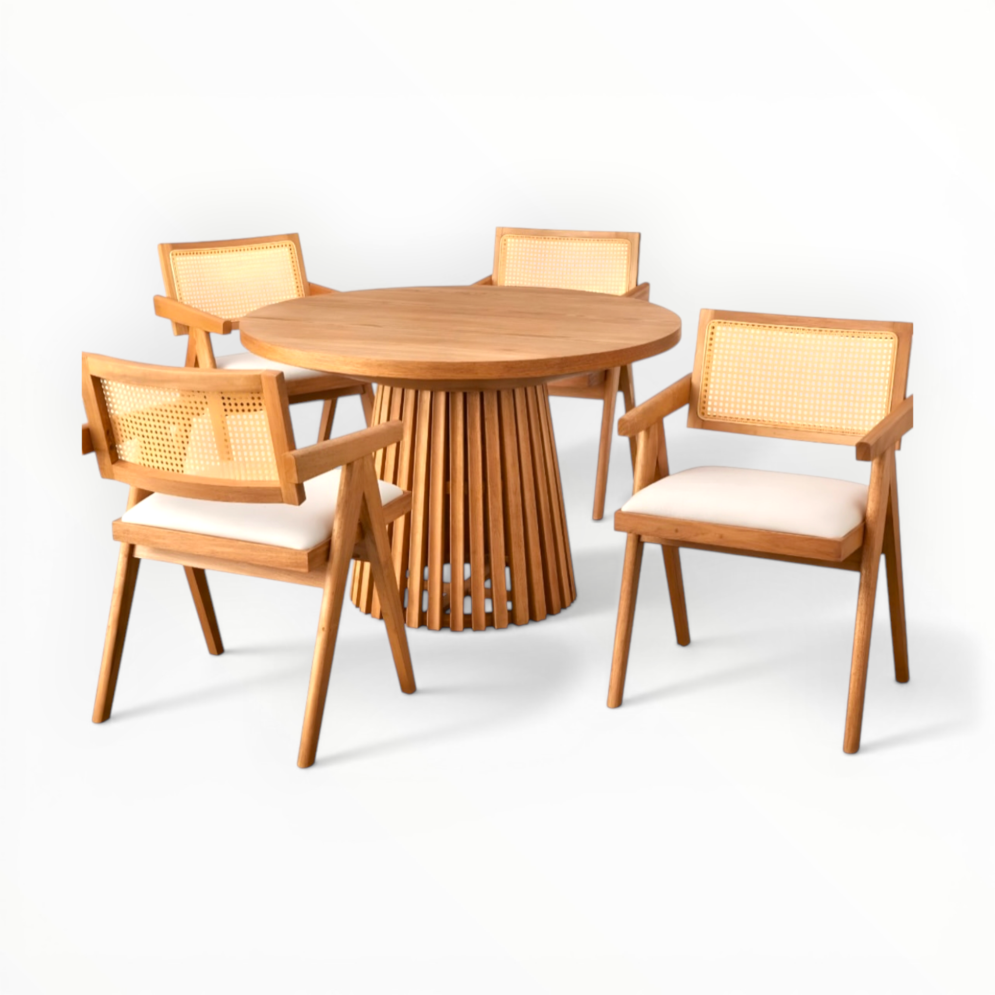 Wooden dining table with four matching chairs on a white background