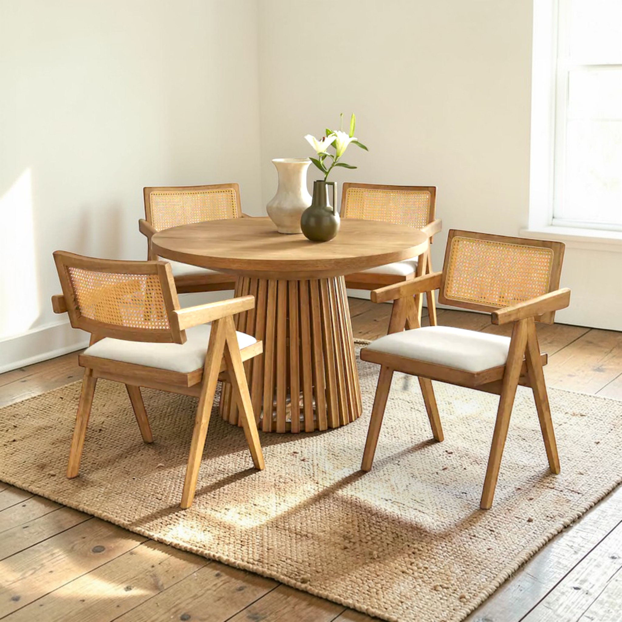 Echo Round Dining Set | Teakwood & PVC Rattan Back Chairs | Customisable