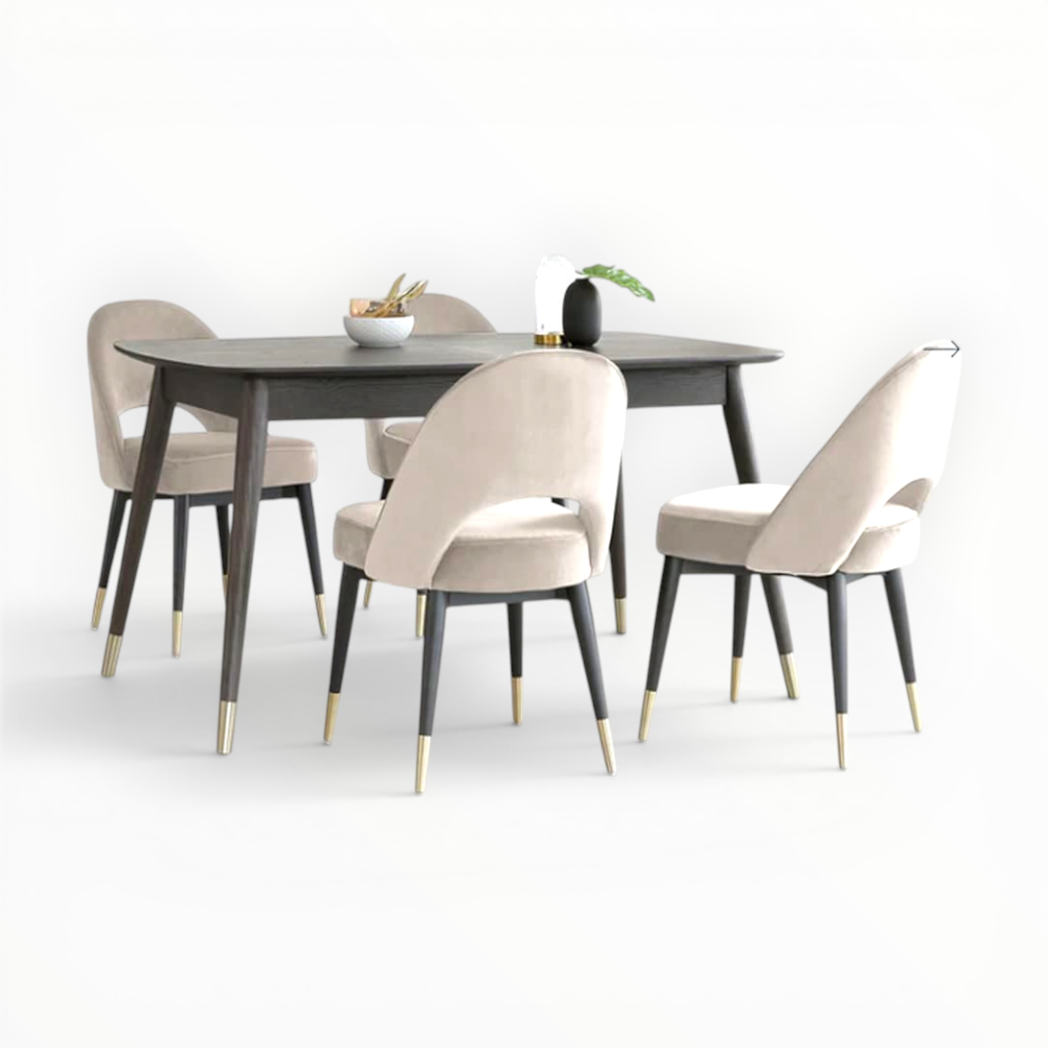 Dining table set with chairs on a white background