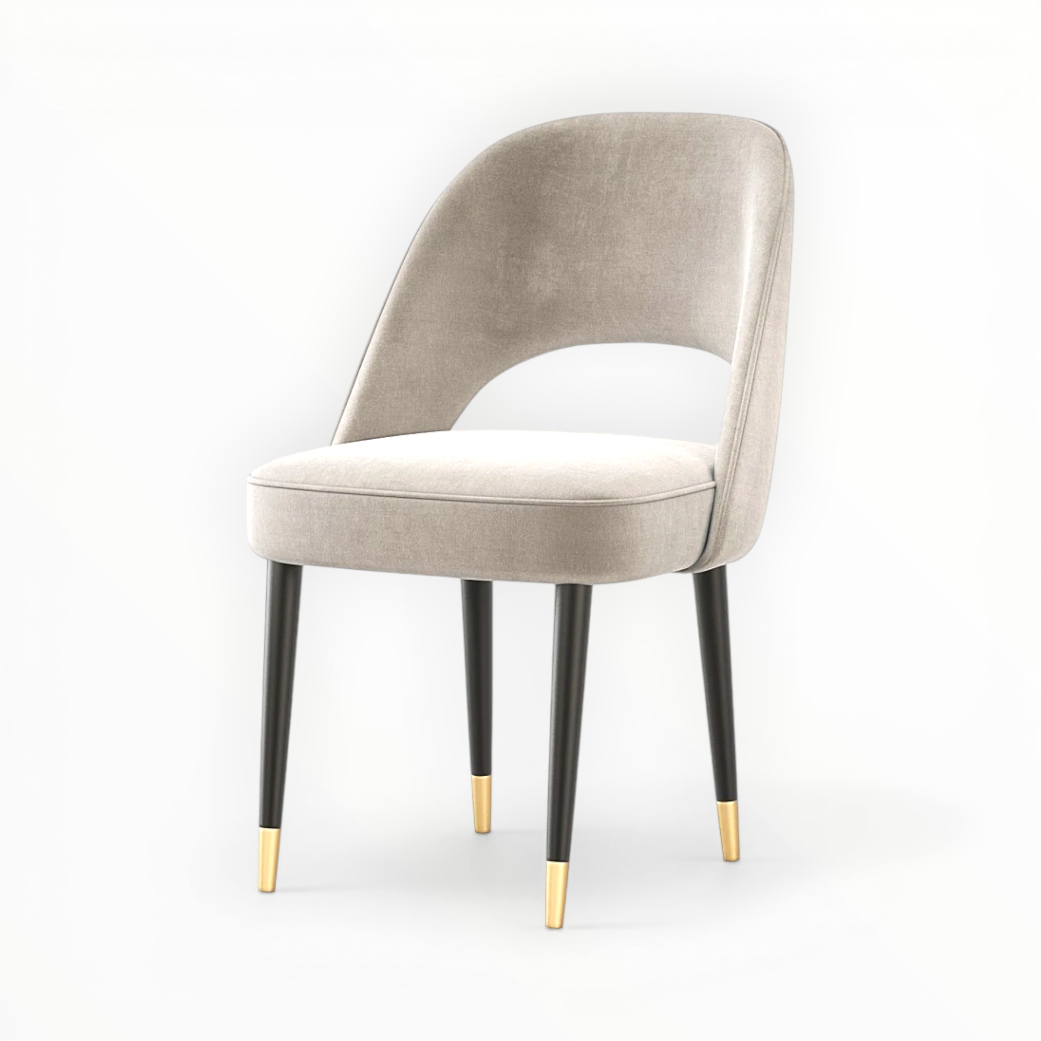 Beige chair with black legs and gold foot caps on a white background