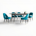 Dining table with six blue chairs on a white background