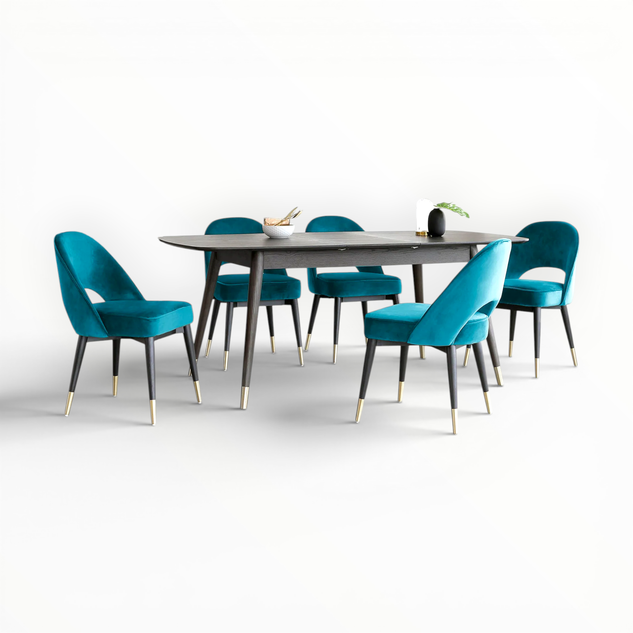 Dining table with six blue chairs on a white background