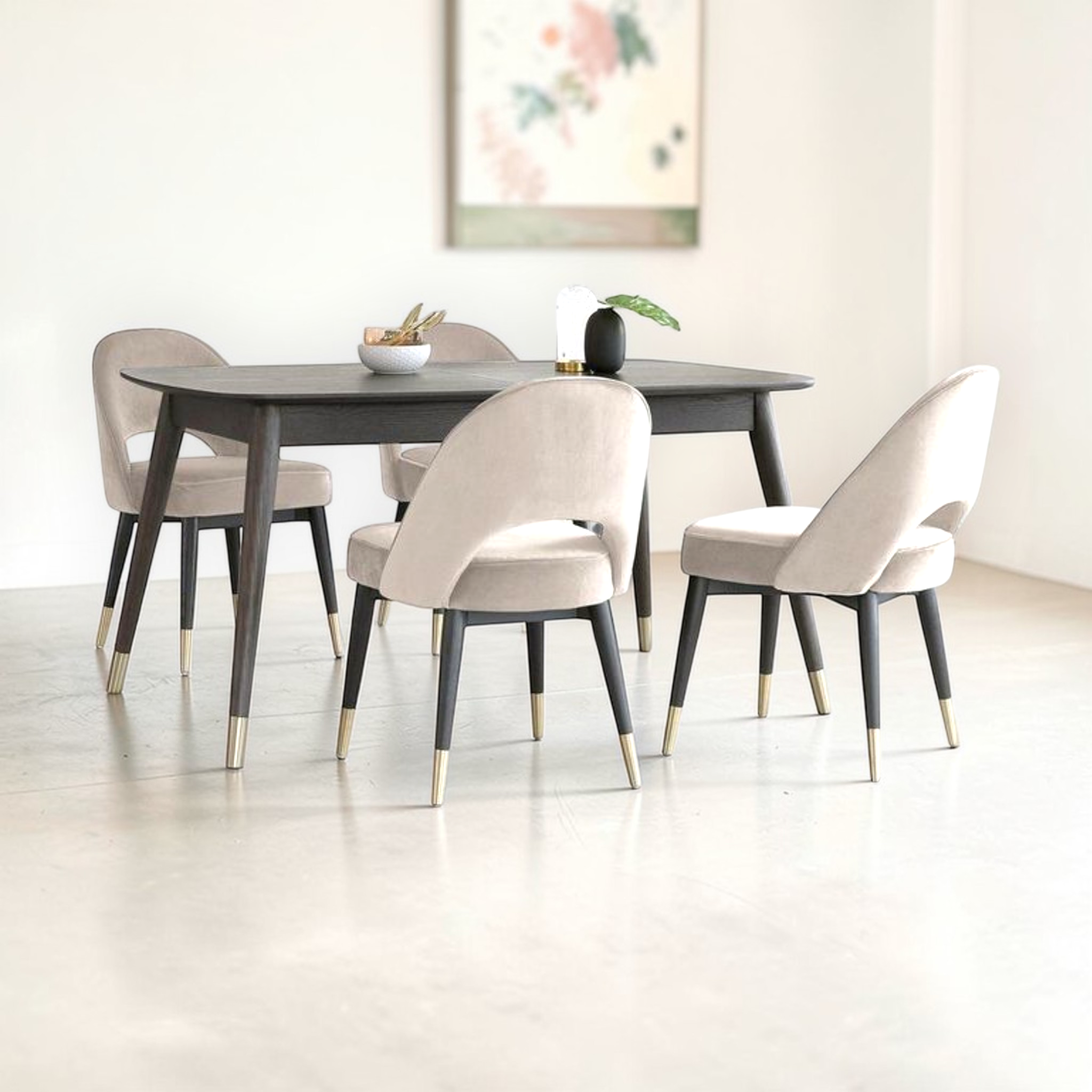 Dining table set with chairs in a minimalistic room