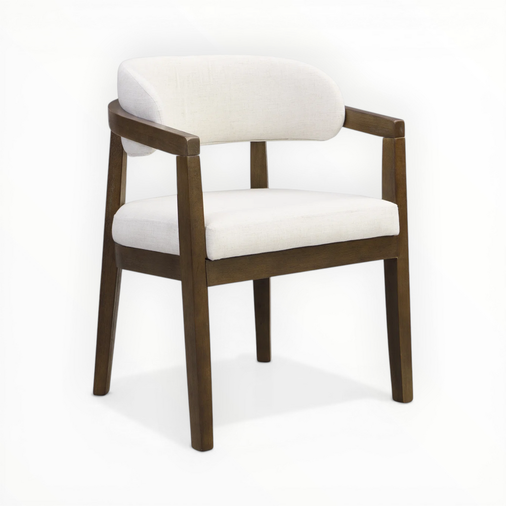 Chair with white cushioned seat and backrest on a white background