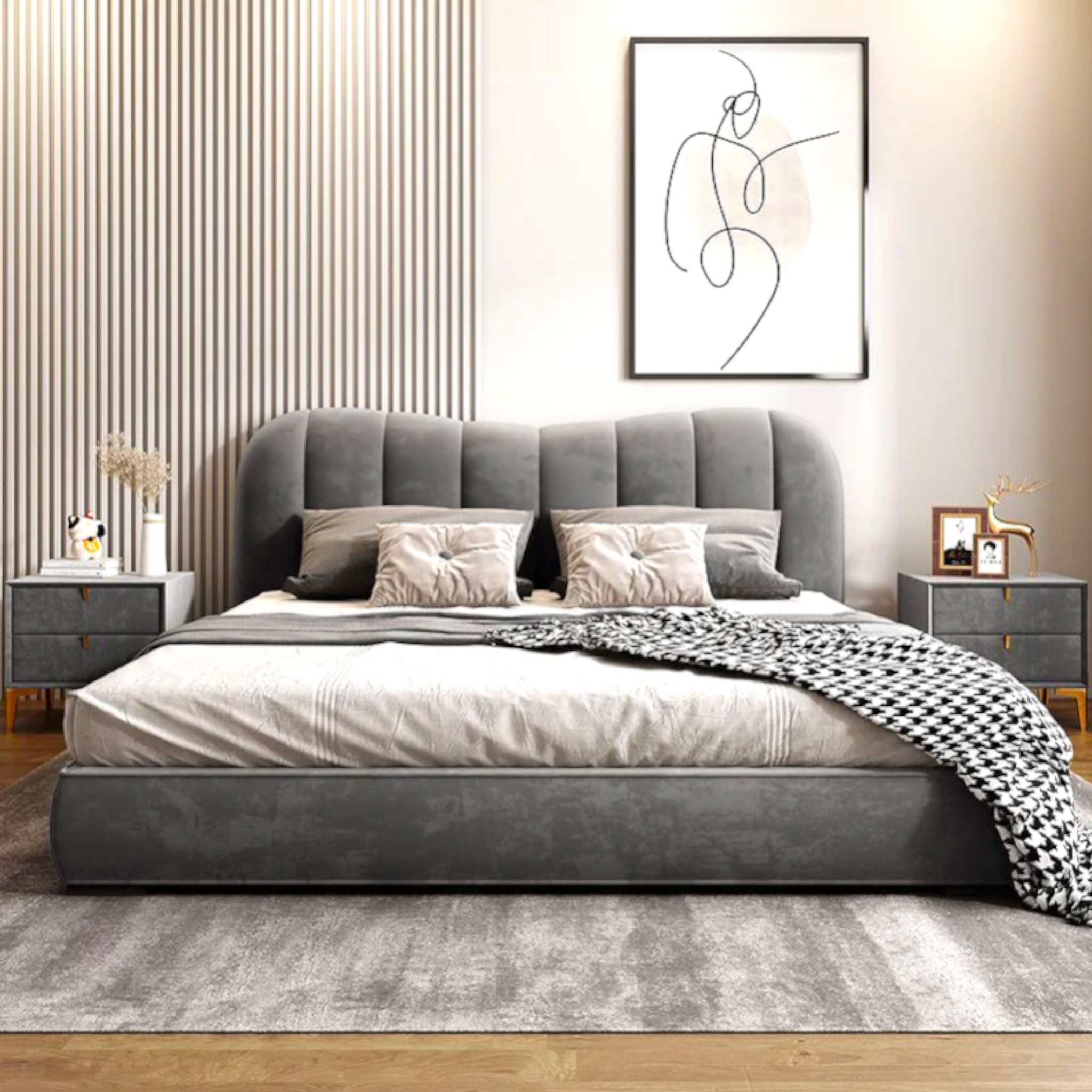 Gray upholstered bed in a bedroom with abstract art on the wall.