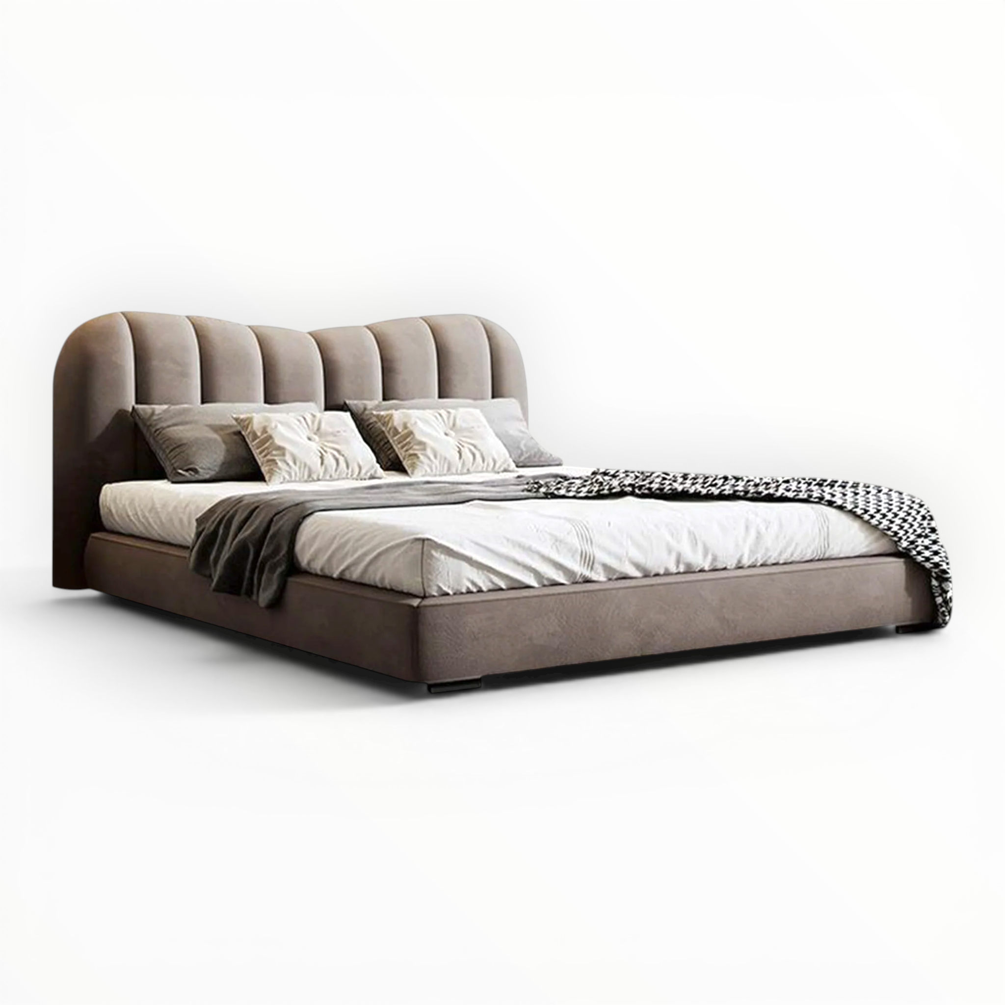 Modern bed with brown upholstered headboard and white bedding on a white background