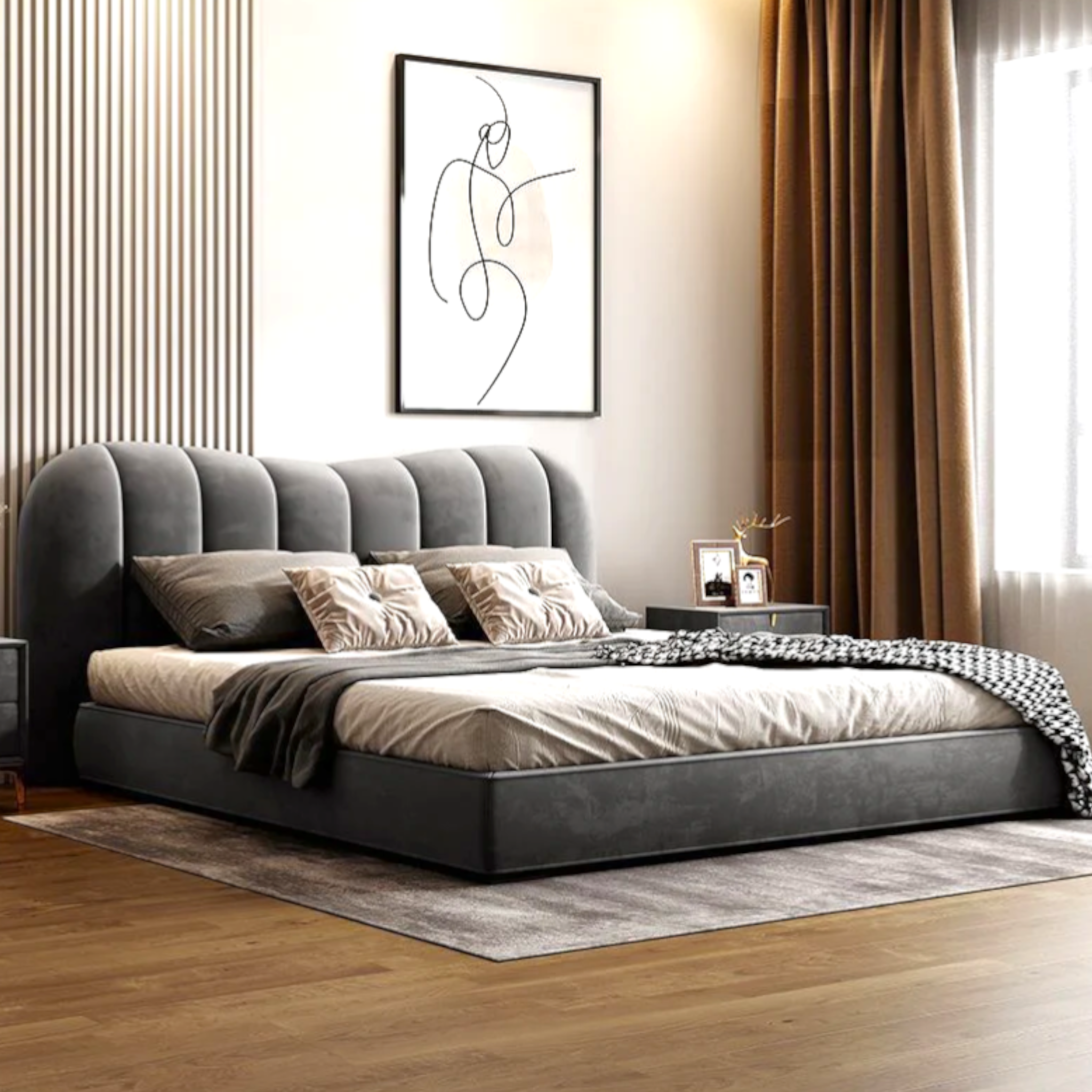 Modern bedroom with a gray upholstered bed, wooden floor, and framed artwork on the wall.