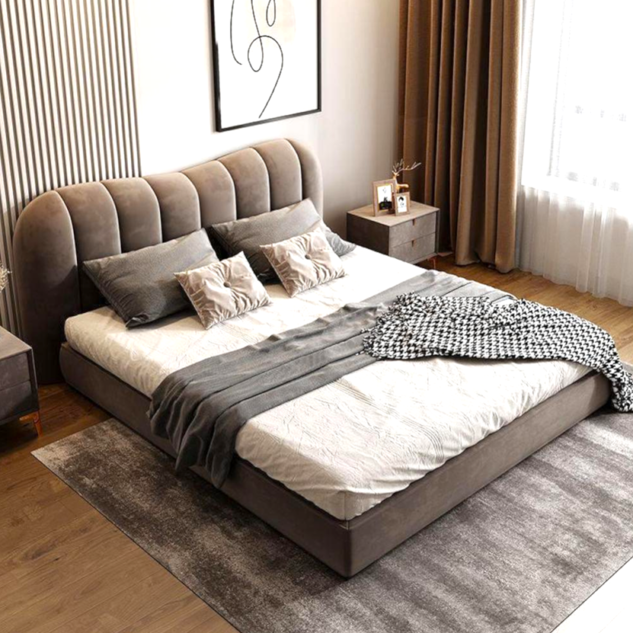 Gray upholstered bed with white bedding in a bedroom setting