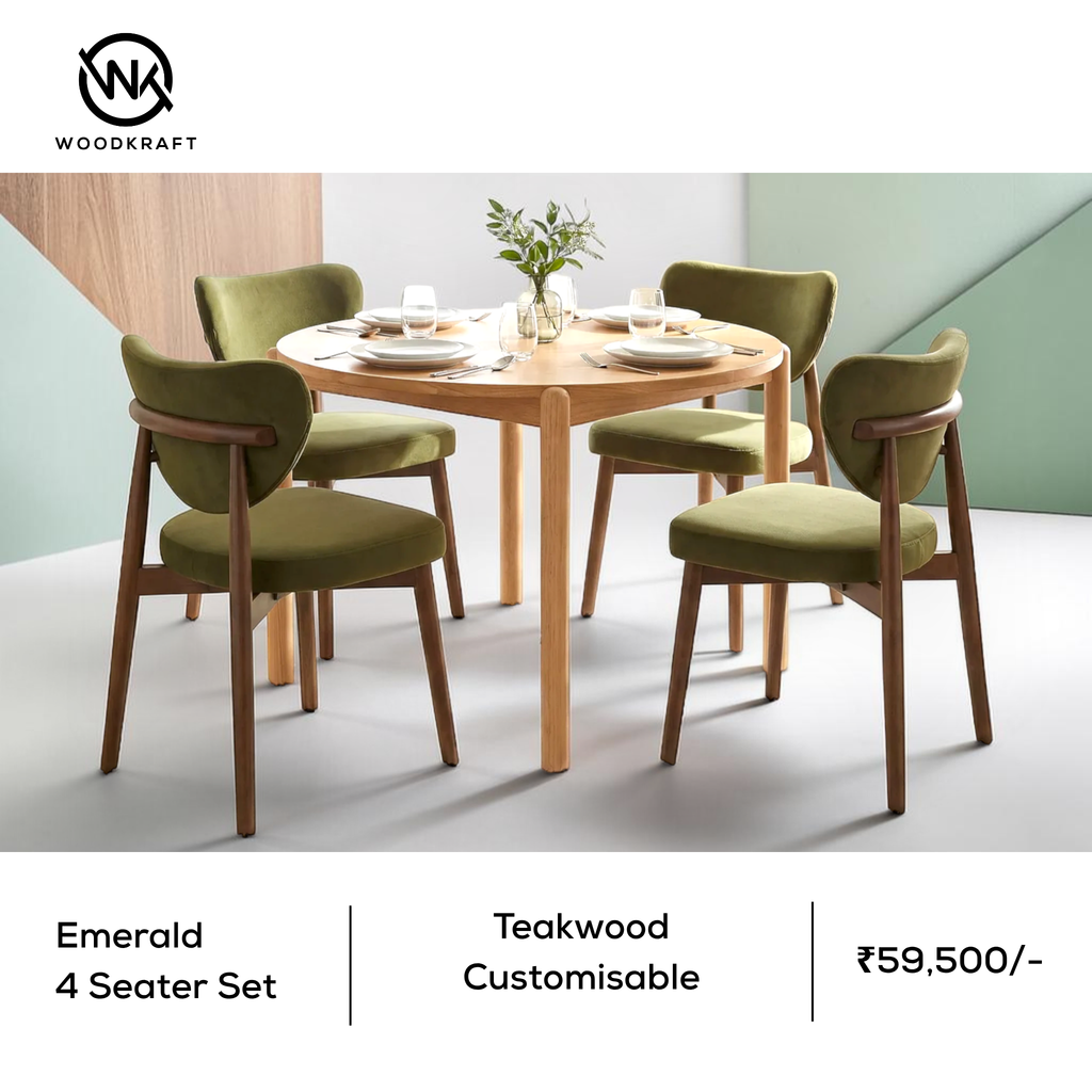 Emerald 4-seater teakwood dining set with dimensions – 36x36 inch table top, Woodkraft Studio
