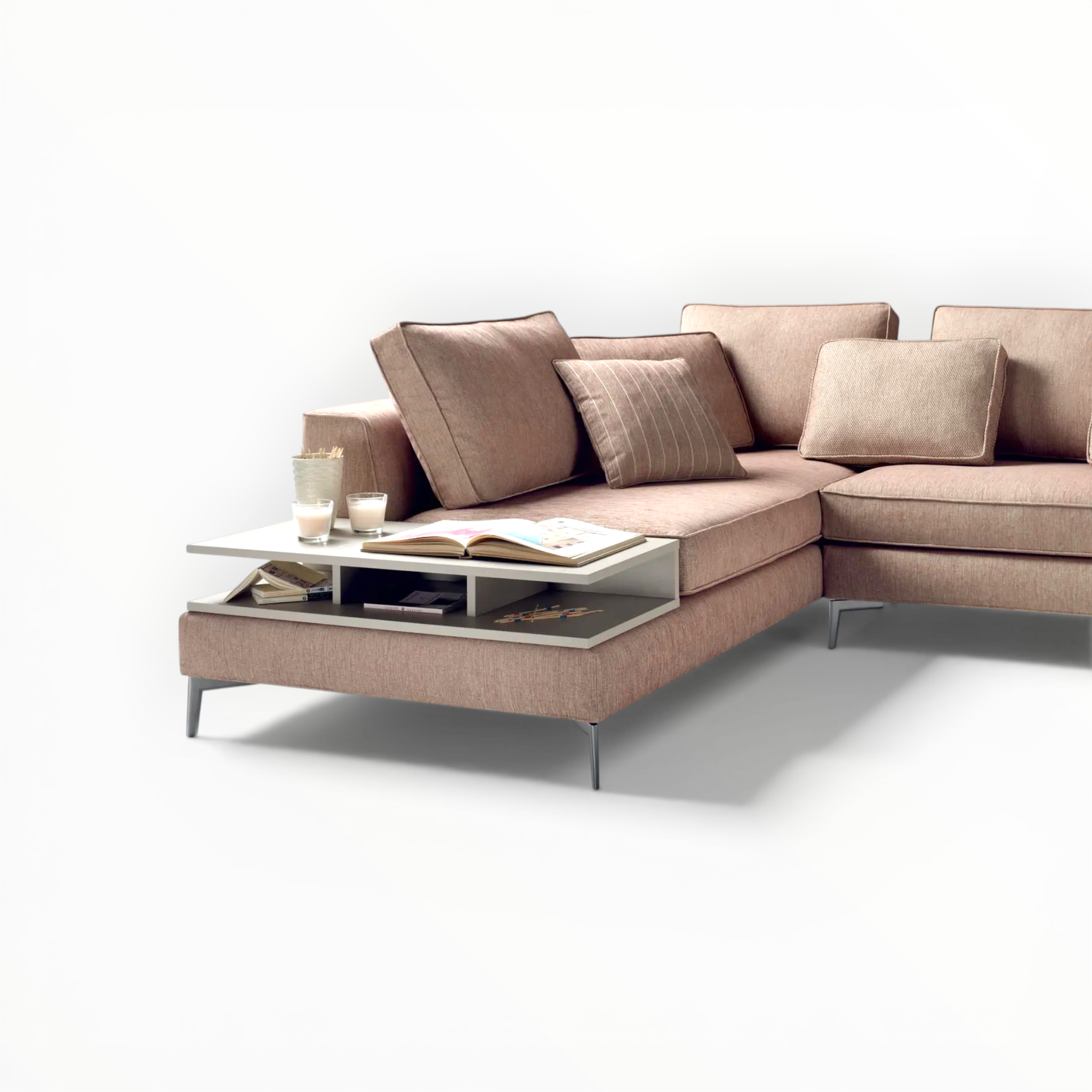 Beige sectional sofa with a coffee table on a white background