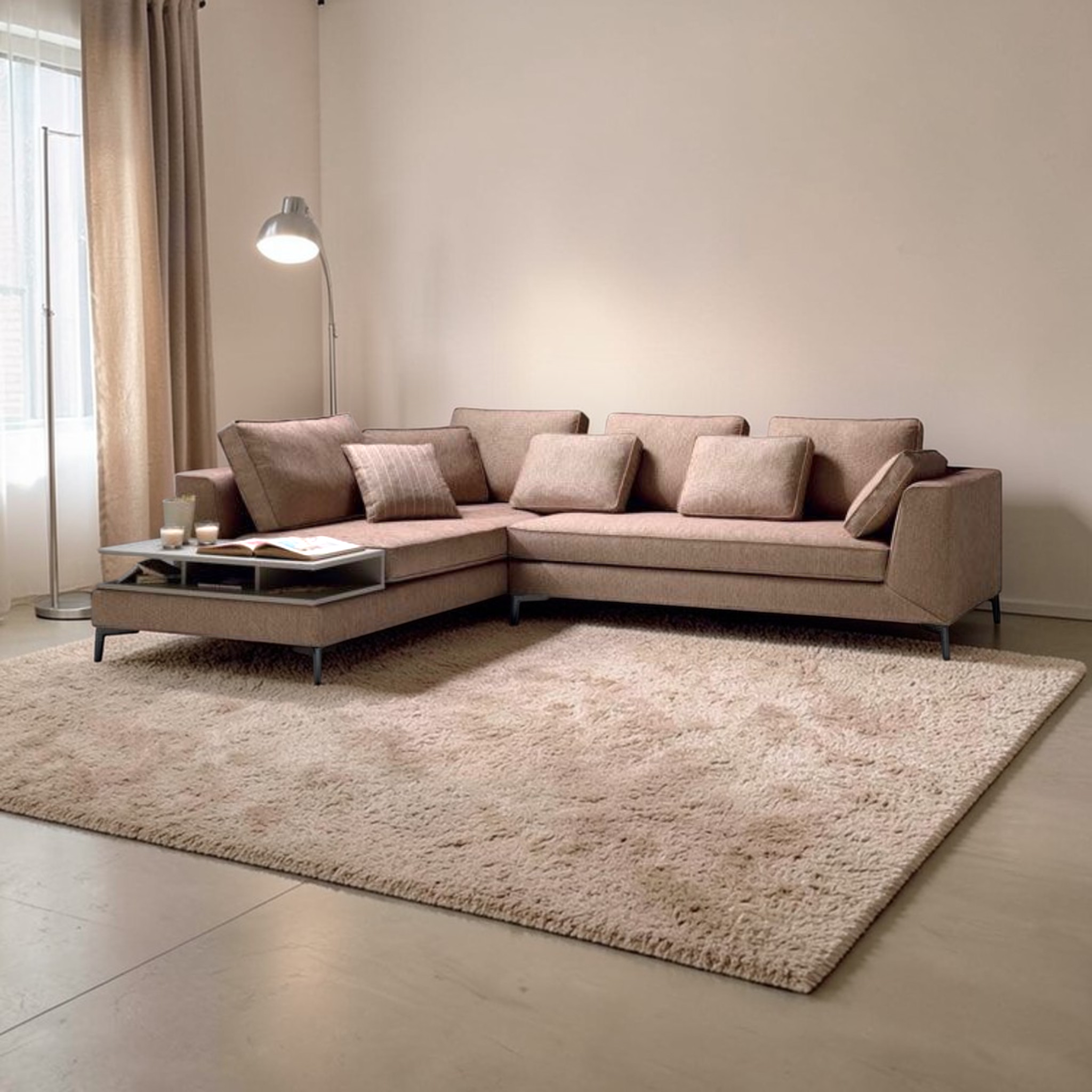 Beige sectional sofa in a living room with a matching rug.