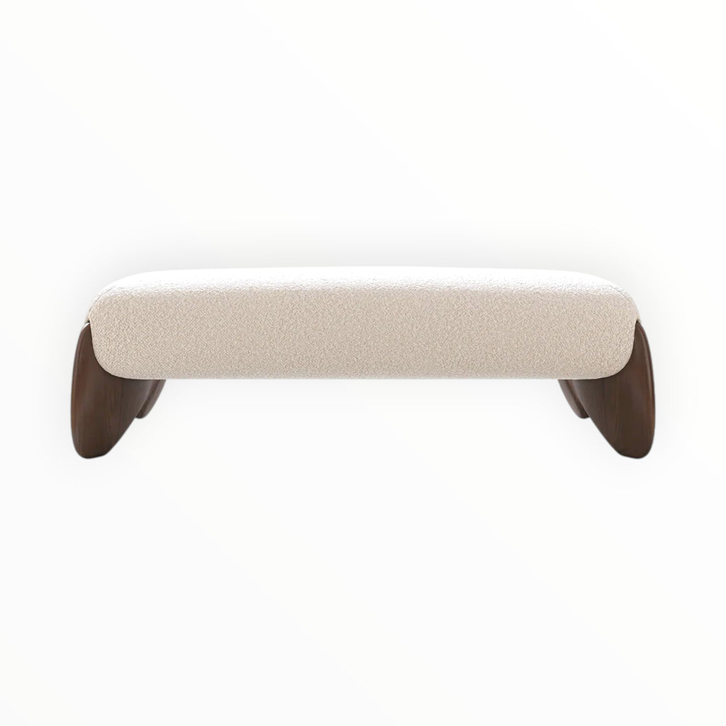 Beige ottoman with wooden legs on a white background