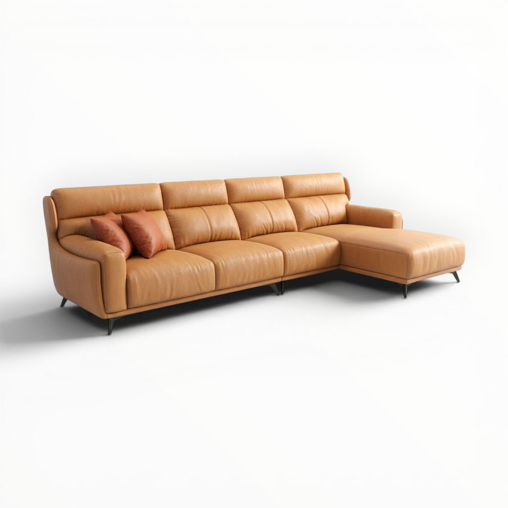 Tan leather sectional sofa on a white background