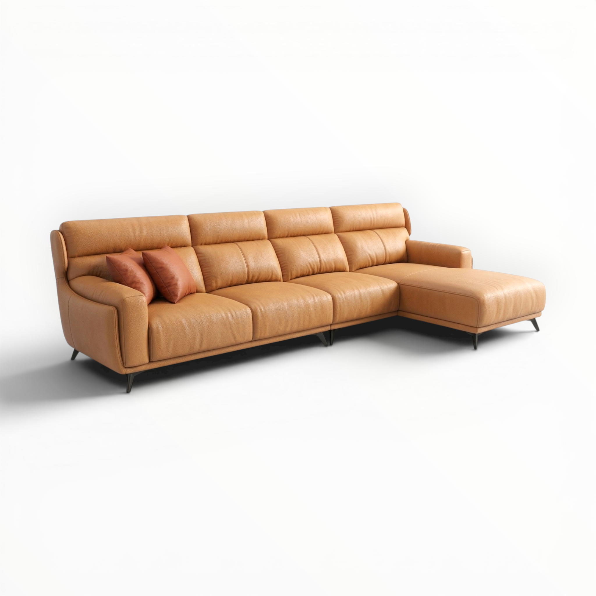 Tan leather sectional sofa on a white background