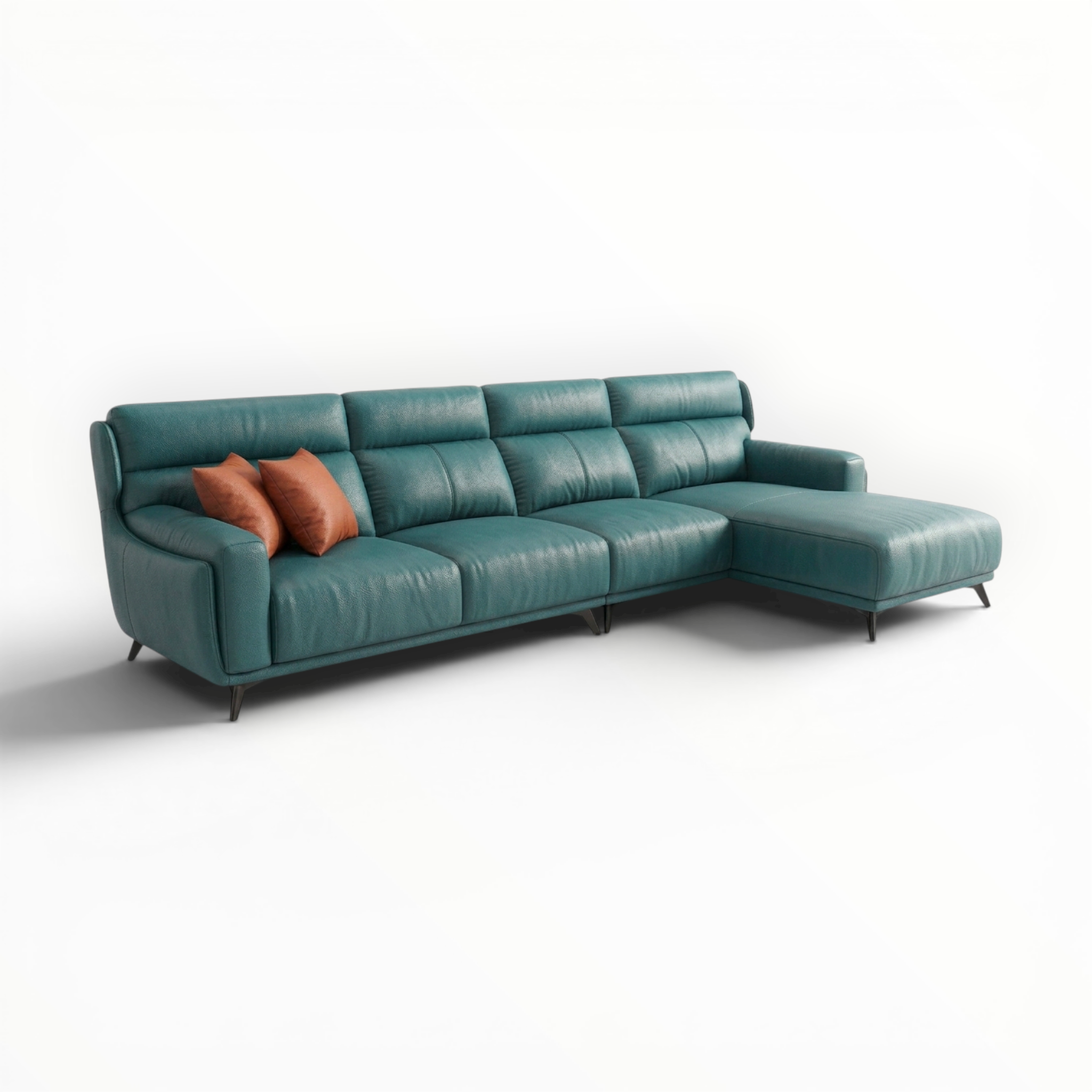 Teal sectional sofa with orange cushions on a white background