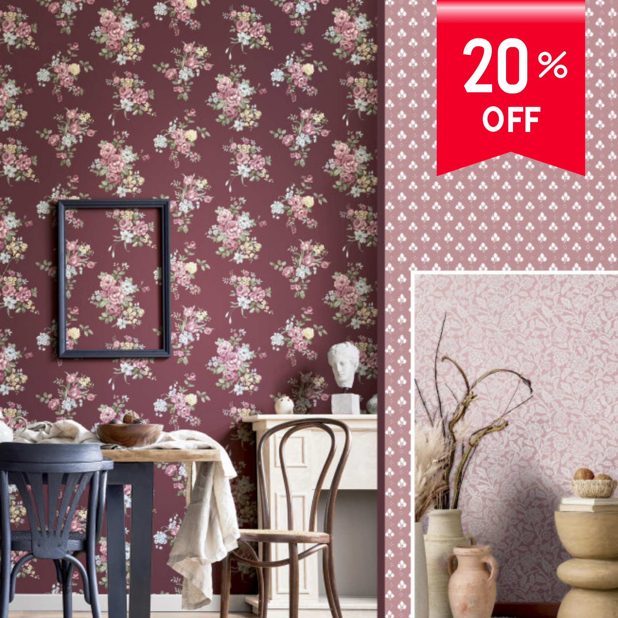 Two wallpaper designs with a dining table and chairs, and a promotional banner for 20% off.