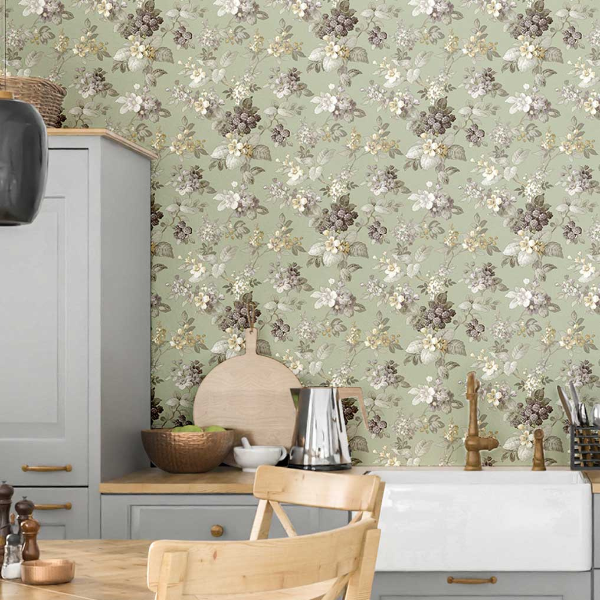 Kitchen with floral wallpaper and wooden furniture