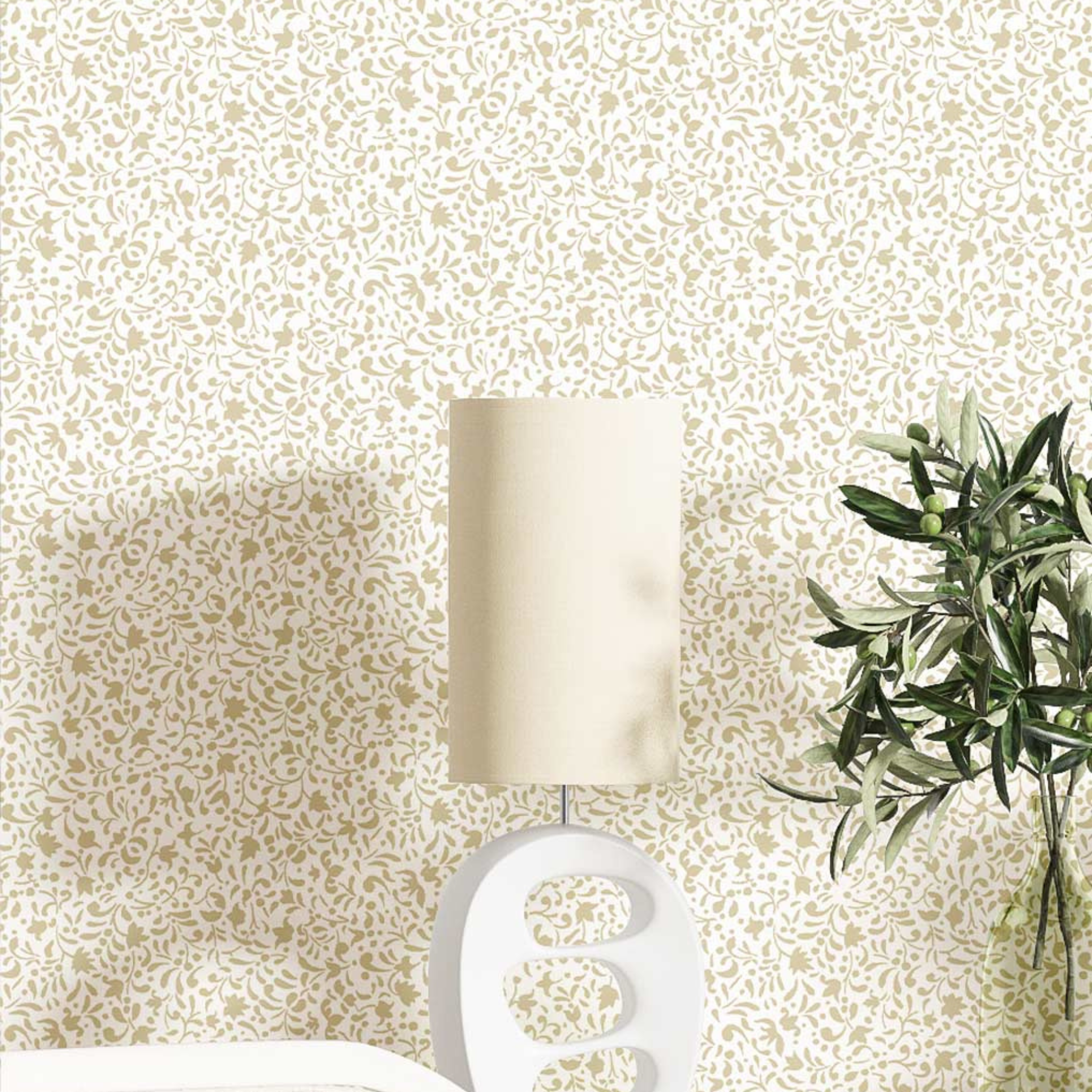 Decorative lamp and plant against a patterned wallpaper background