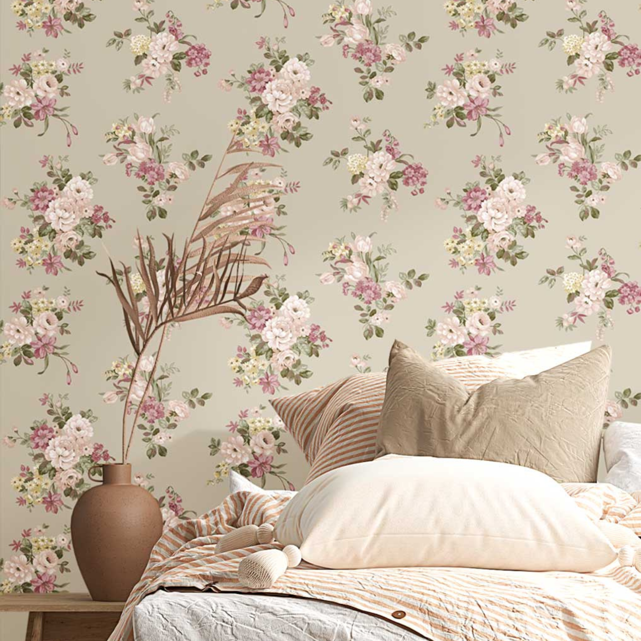 Bedroom with floral wallpaper, bed, and decorative elements.