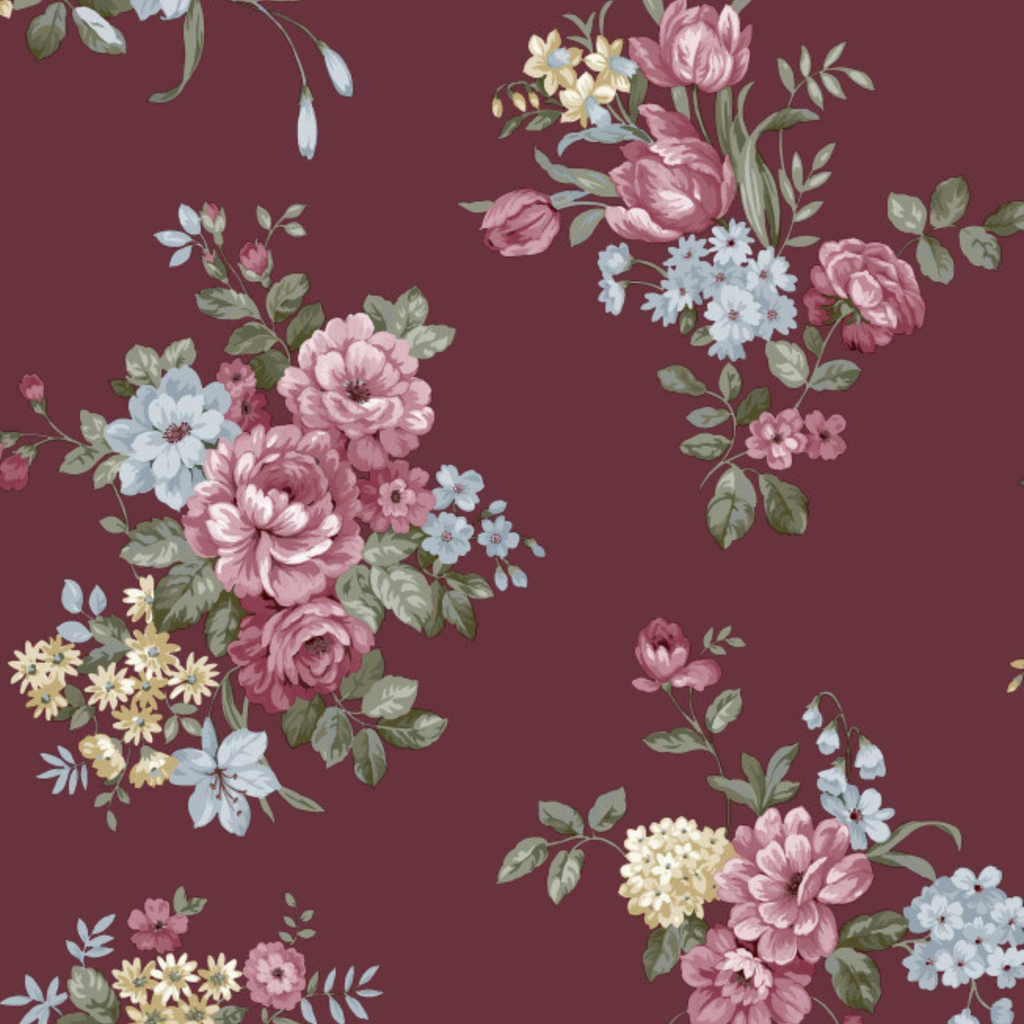 Floral pattern with pink, blue, and yellow flowers on a dark red background