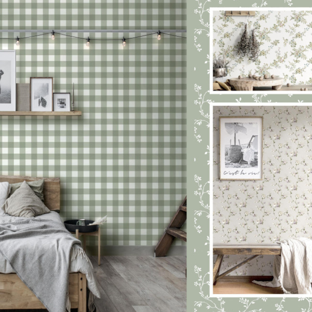 Collage of green checkered and floral wallpaper patterns with bedroom and home decor elements.