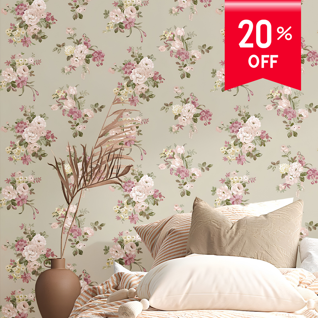 Floral wallpaper with a bed and decorative elements, featuring a 20% off banner.