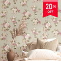Floral wallpaper with a bed and decorative elements, featuring a 20% off banner.