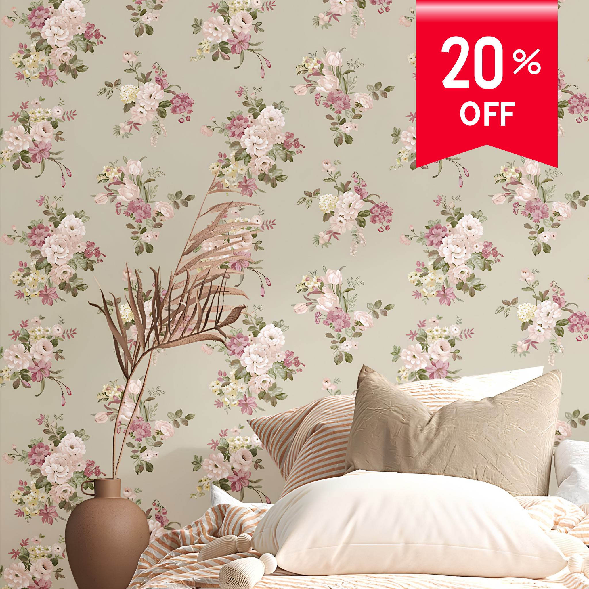 Floral wallpaper with a bed and decorative elements, featuring a 20% off banner.